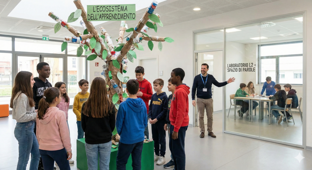 Un atrio scolastico dove un gruppo di studenti osserva un'installazione creativa a forma di albero chiamata "L'Ecosistema dell'Apprendimento". Sullo sfondo, un'aula vetrata con l'insegna "Laboratorio L2 - Spazio di Parole" mostra una lezione in piccoli gruppi, illustrando il modello didattico pull-out per l'italiano L2.
