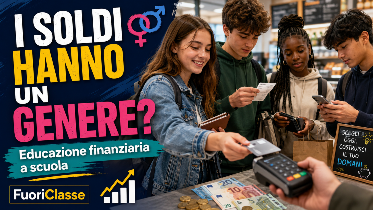 Thumbnail FuoriClasse sull’educazione finanziaria a scuola: studenti e studentesse mentre pagano e gestiscono denaro, con il testo “I soldi hanno un genere?”.