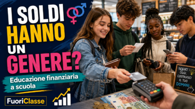 Thumbnail FuoriClasse sull’educazione finanziaria a scuola: studenti e studentesse mentre pagano e gestiscono denaro, con il testo “I soldi hanno un genere?”.