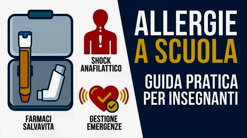 Grafica informativa sulle allergie a scuola con icone di penna di adrenalina autoiniettabile, inalatore per asma.