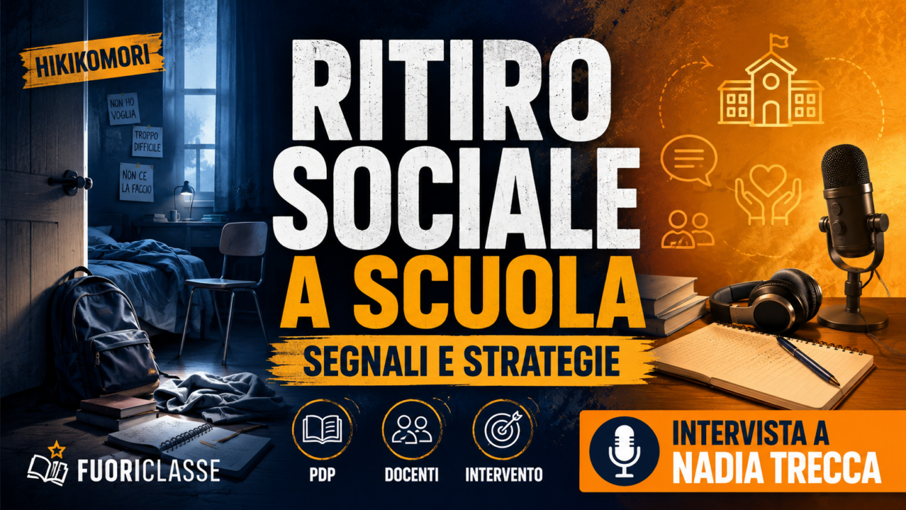 Copertina del video Fuoriclasse su ritiro sociale e hikikomori a scuola, con riferimenti a segnali, strategie di intervento, PdP, docenti e intervista a Nadia Trecca.